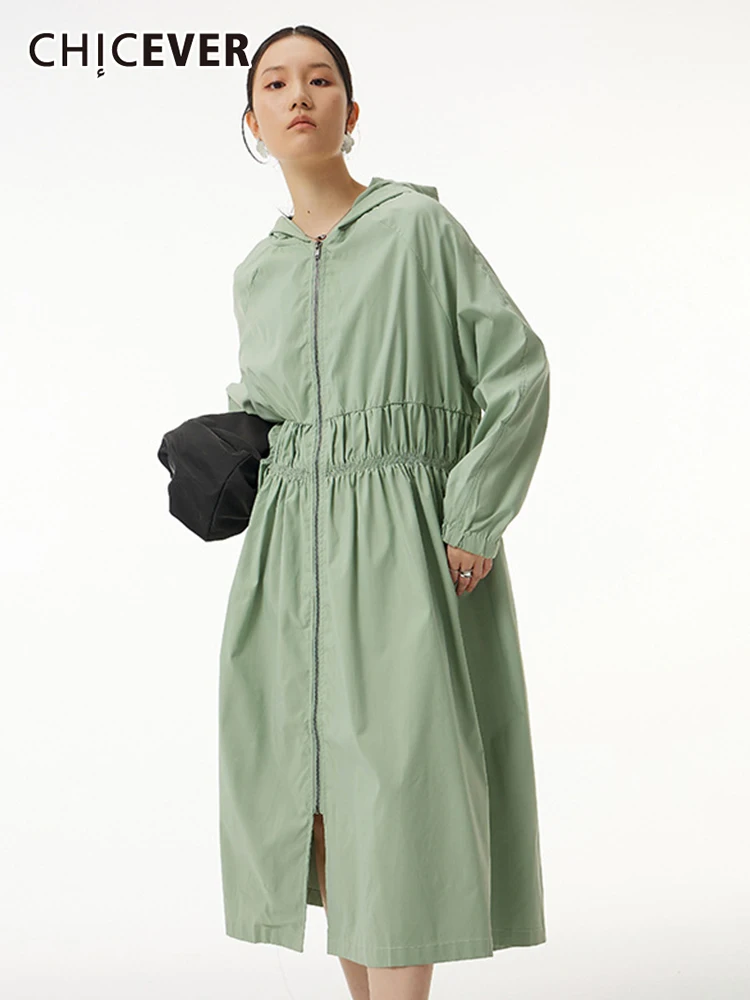 

CHICEVER Minimalist Solid Fold Pleated Long Trench For Women Hooded Long Sleeve Zipper Loose Coat Female 2022 Spring Clothes New