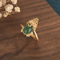 china ethnic style brass gold plated ring jewelry creative design pixiu inlaid green jade beads copper coin adjustable open ring