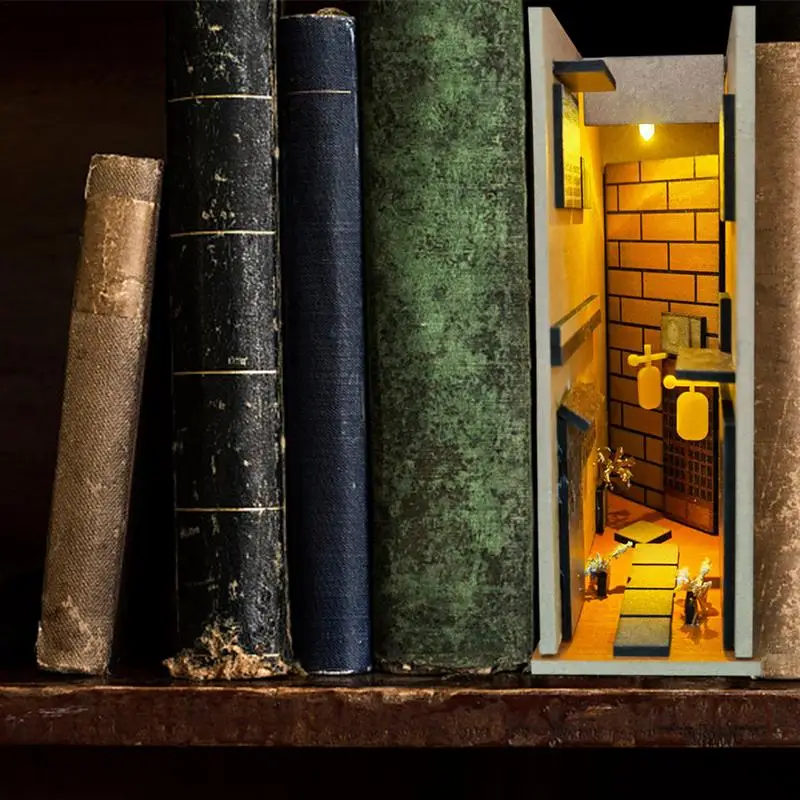 

Plug In Bookshelf Decor Medieval Village Bookshelf Insert With LED Light Wooden Ancient Street Nightlife Ornaments Home Decor