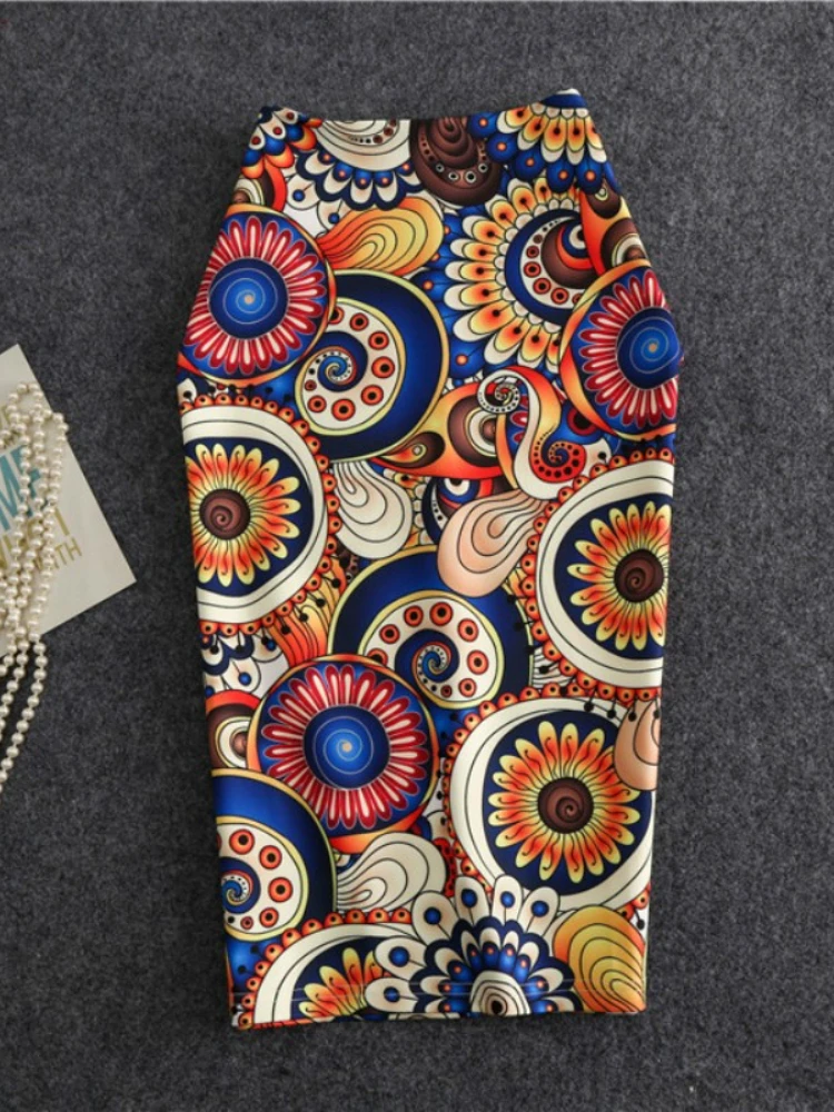 Skirt High Stretch Colorful Circle Pattern Midi Slip Hip Skirt Female