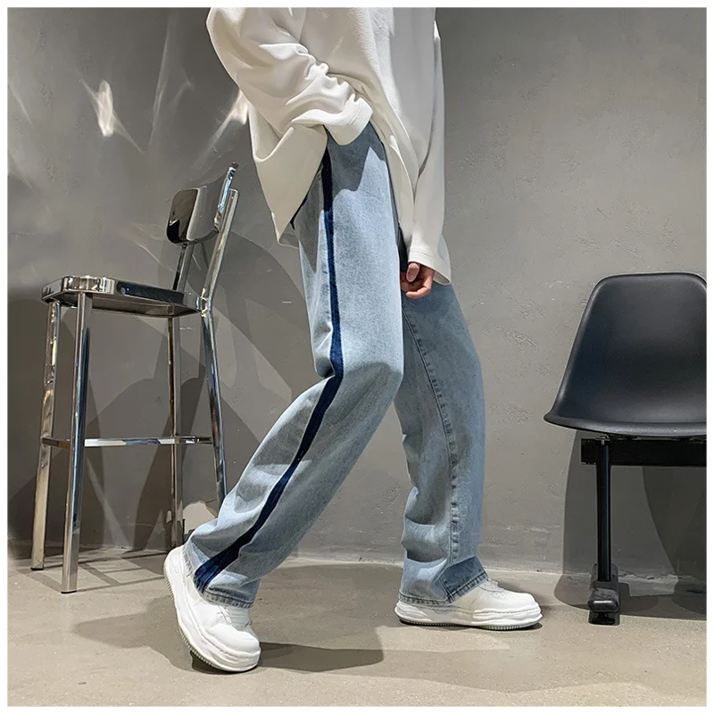 DEEPTOWN Loose Straight Jeans Men Classic Casual Denim Pants Blue Striped Streetwear Korean Fashion Trousers Male Spring Autummn