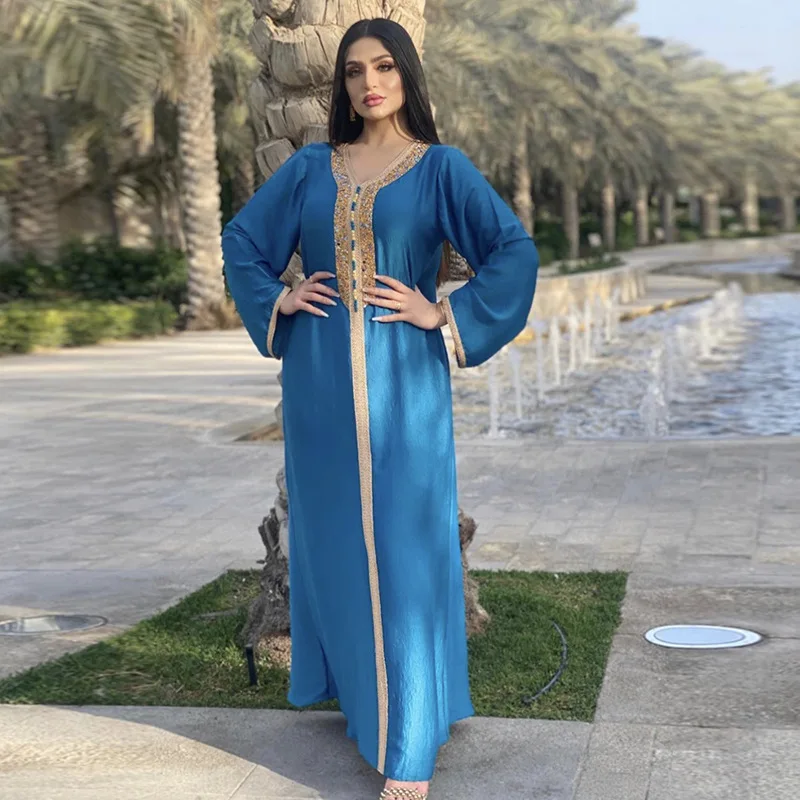 

2023 Women's Dress Hot Gold Beaded Webbing Lace Abaya Dubai Muslim Fashion Ladies Gown عبايات نسائيه Abaya Dress
