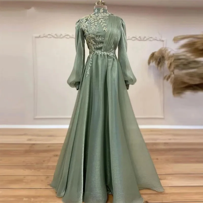 

Elegant Muslim Long Sleeve High Neck Woman Formal Wedding Guest Evening Prom Dresses Cocktail Floor Length