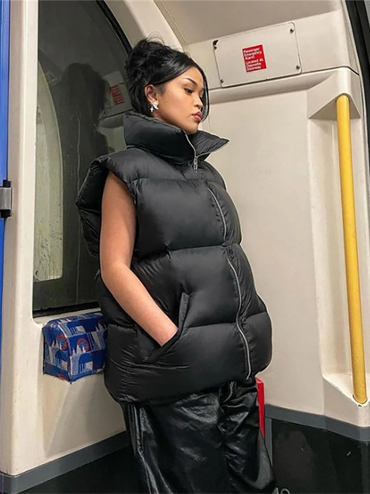 

Akaily Autumn Black Quilted Jackets For Women 2022 Trutleneck Sleeveless Zip Up Coats Female Loose Casual Long Quilted Coats