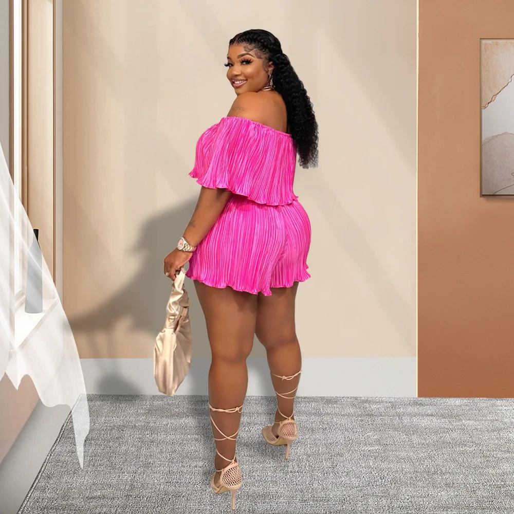 Plus Size Overalls 2023 New Comfor Sexy Off Shoulder Pleated Jumpsuit And High Waisted Short Sleeves One-shoulder Women's Pants