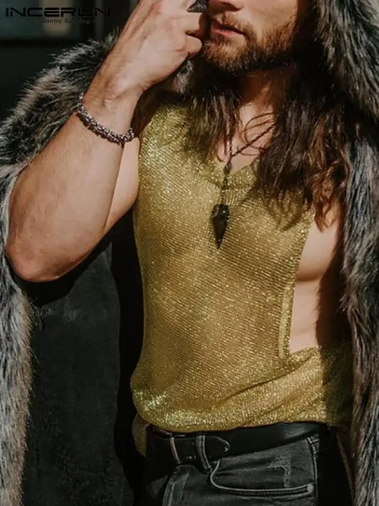 

Men Tank Tops Men See Through 2022 O-neck Sleeveless Solid Color Irregular Vests Men Shiny Streetwear Party Men Clothing INCERUN