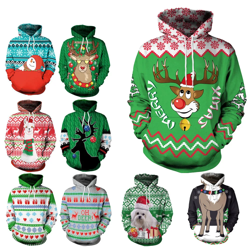 

Men Women Reindeer Xmas Merry Ugly Christmas Sweater Funny Tacky Christmas Jumper Unisex Loose 3D Pullover Xmas Gifts Clothing
