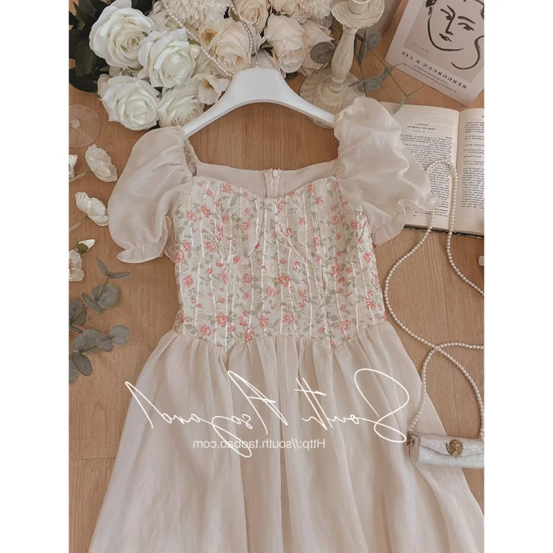 

Elegant Sweet Floral Short Sleeve Midi Dress Women Puff Sleeves Back Zipper Square Collar Casual Korean Pretty Fairy Sundress