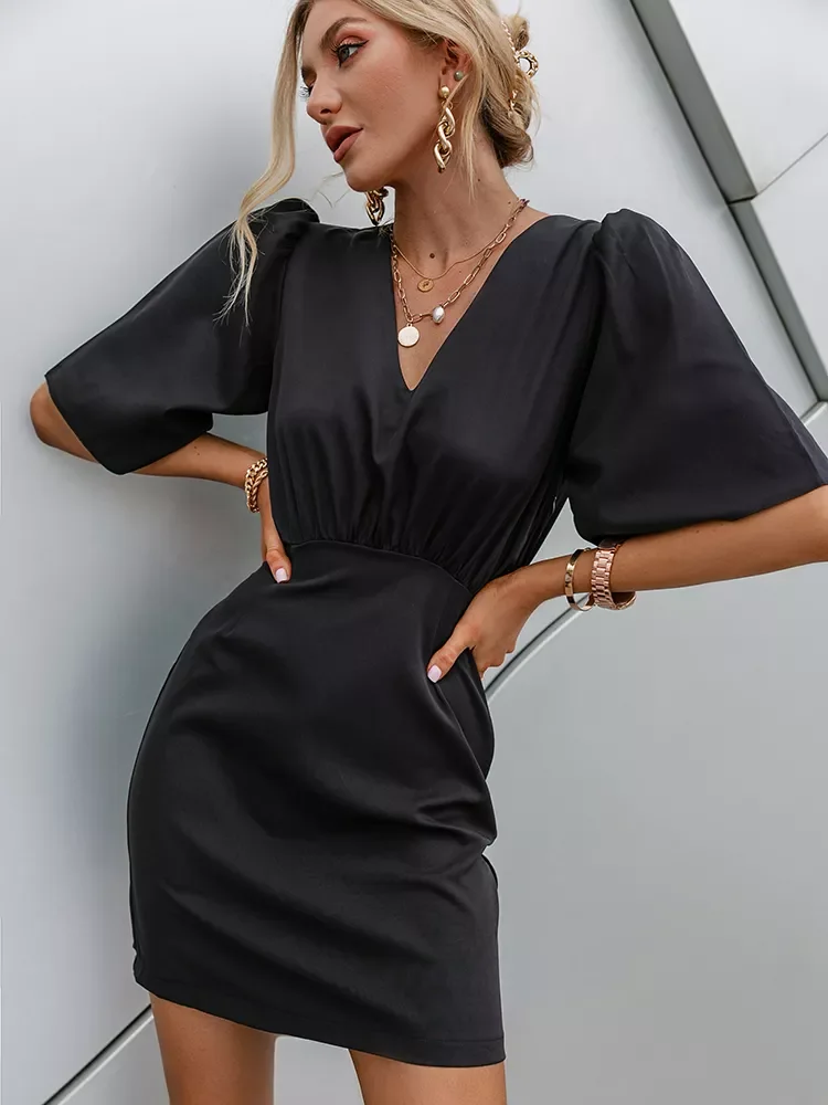 Simplee Luxury black short sleeve summer women dress 2022 Sexy V-neck solid High Street dress Elegant A-line ladies mini Vestido