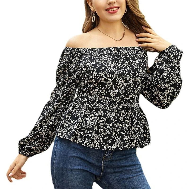 

Women Plus Size Puff Long Sleeve Shirt Sexy Square Neck Off Shoulder Floral Print Blouse Elastic Waist Ruffle Hem Loose Peplum