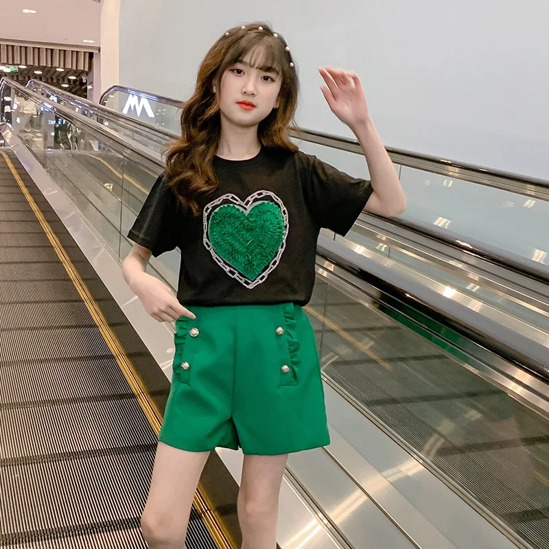 

Teens Girls Clothes 2022 Summer Casual Kids Clothing Set Short Sleeve Heart Tops + Green Shorts Children Tracksuits Suits 4-14 Y