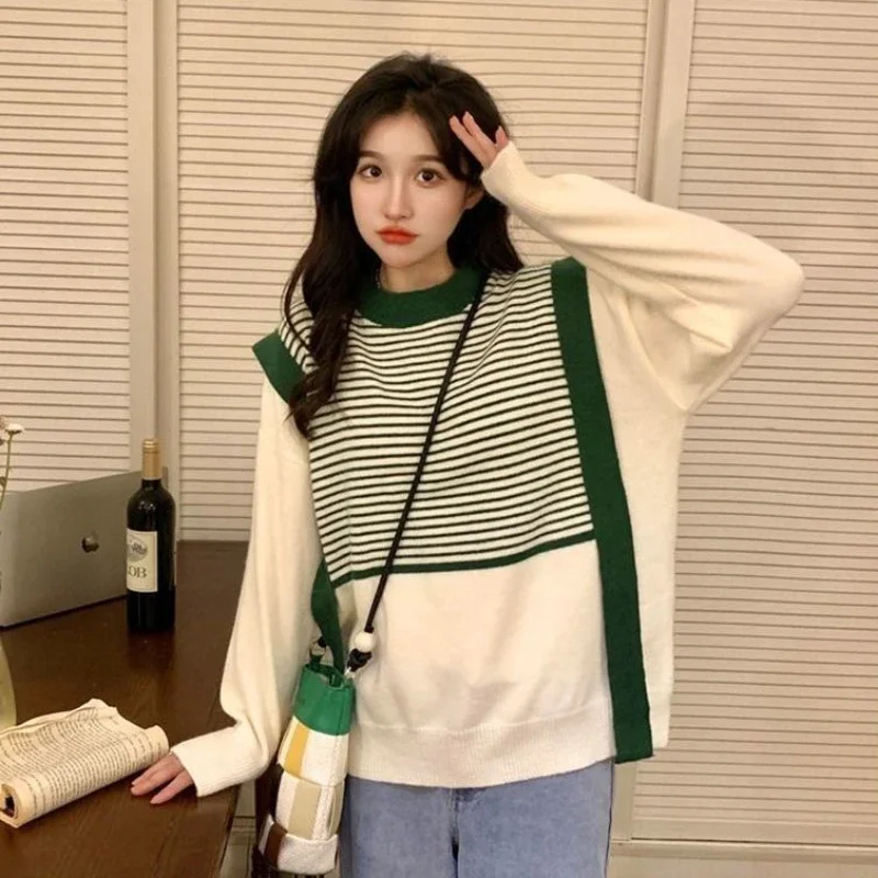

Women's Sweater Round O Neck Green Knit Tops for Woman Pullover Graphic Striped Autumn Winter 2023 Aesthetic Korean Luxury Sale