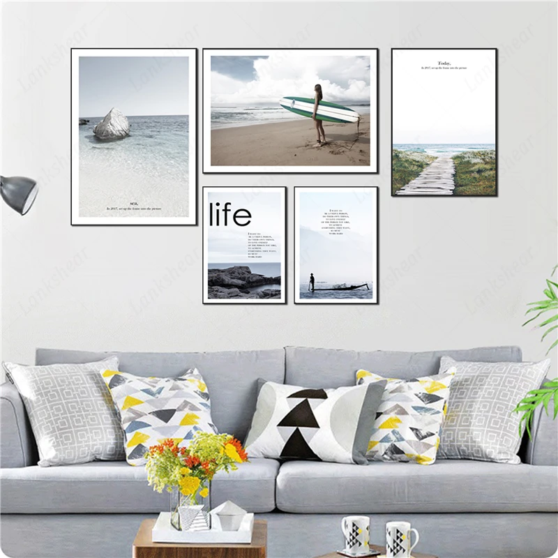 

Surfing Exhibition Poster Landscape Wall Art Black White Surf Modular Prints Beach Canvas Painting Coastal Decor for Living Room