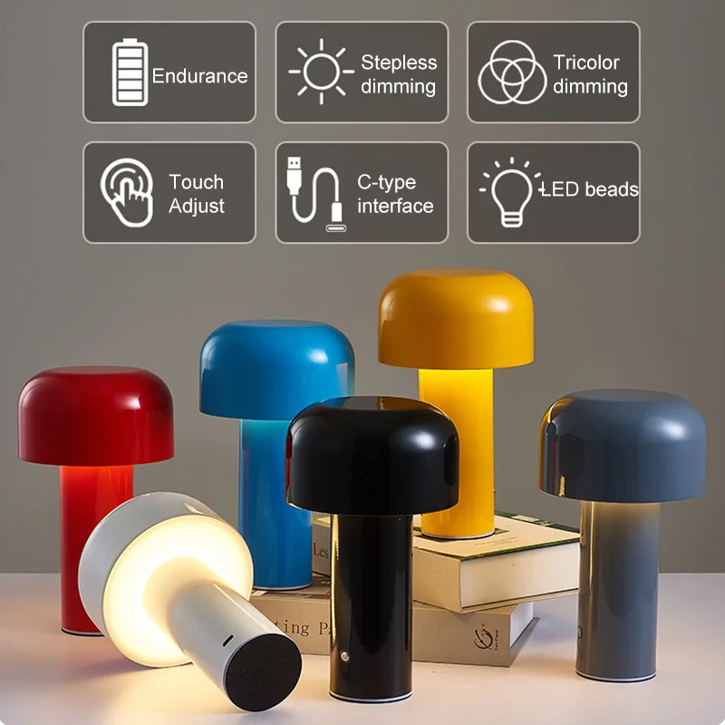 

Mushroom Table Lamp Italian Designer Night Light Portable Cordless Touch USB Bedside Lamp Rechargeable Table Light Desktop Lamp