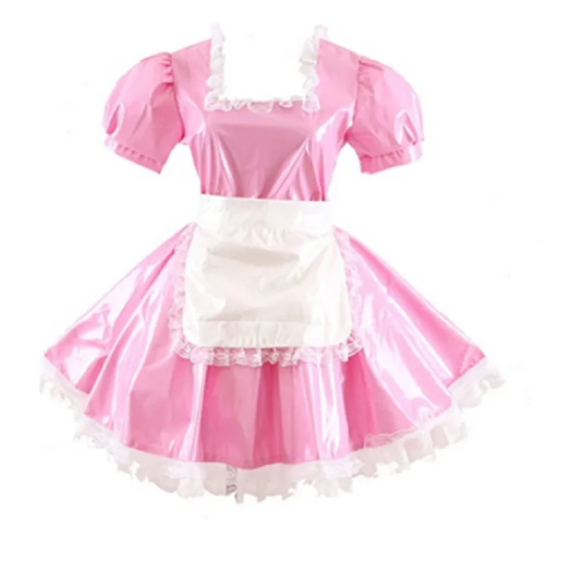 French Sissy Lockable PVC Pink Mini Apron Maid Role Play Dress Customizable