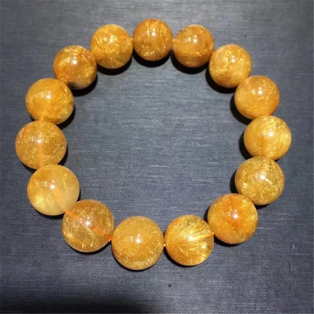 

14mm Natural Gold Hair Rutilated Bracelet Crystal Round Beads Jewelry For Women Lady Men Quartz Wealth Luck Gift Stone Strands