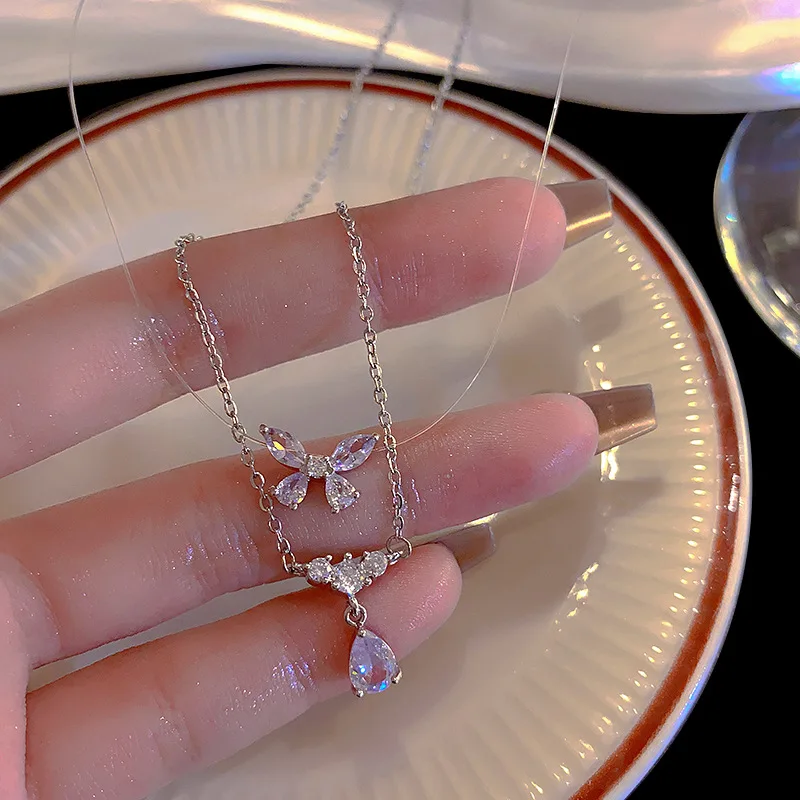 

New Shiny Zircon Butterfly Necklace for Women Exquisite Water Drop Double Layer Clavicle Chain Necklaces Girls Party Jewelry