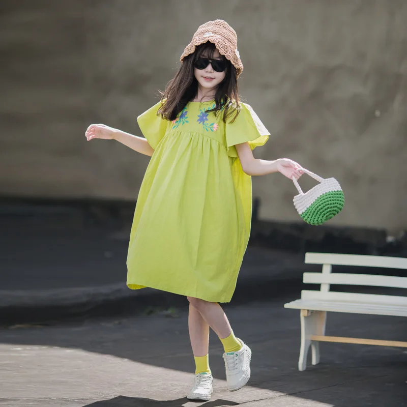 

Children Cotton Clothing Girls Summer 2023 New Floral Embroidery Dress Kids Fashionable Short Sleeve Princess Dress, #7432