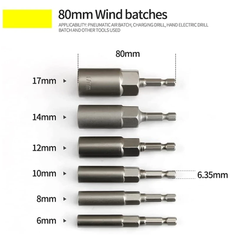 

6 Pcs Hexagon Chromium Vanadium Steel Quick Change Power Nut Driver Strong Super Deep Bolt Nut Bit Set 3.14inch