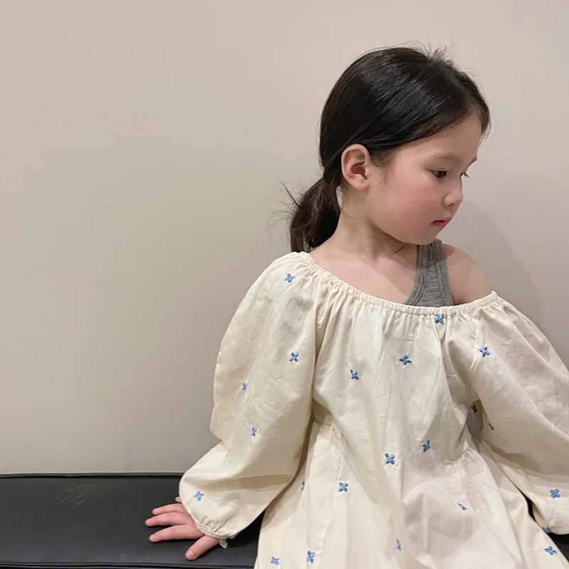 

Children Clothing 2022 Spring And Autumn Baby Kids Embroidered Flower Loose Dress For Girls Fashion Off-The-Shoulder Dress