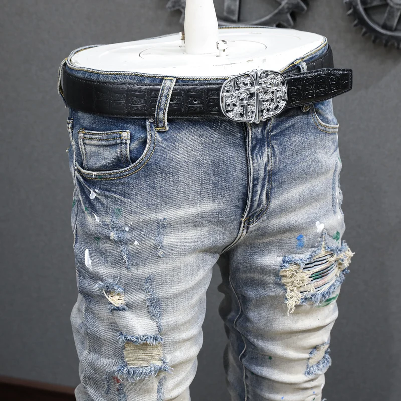 High Street Fashion Men Jeans Retro Blue Elastic Painted Skinny Fit Ripped Jeans Men Patched Designer Hip Hop Brand Pants Hombre