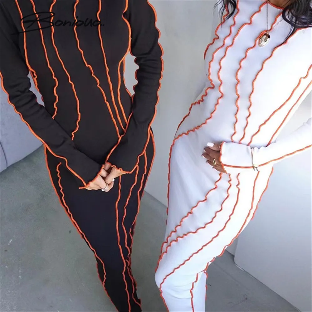 

Бонио, осенне-зимнее платье в полоску, с круглым вырезом и длинным рукавом, Макси-платья, модное повседневное вечернее платье, облегающее пл...