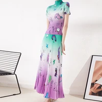 miyake pleated suit female 2022 summer new fashion ol printed t shirt skirt slimming two piece suit casual womens clothing y2k