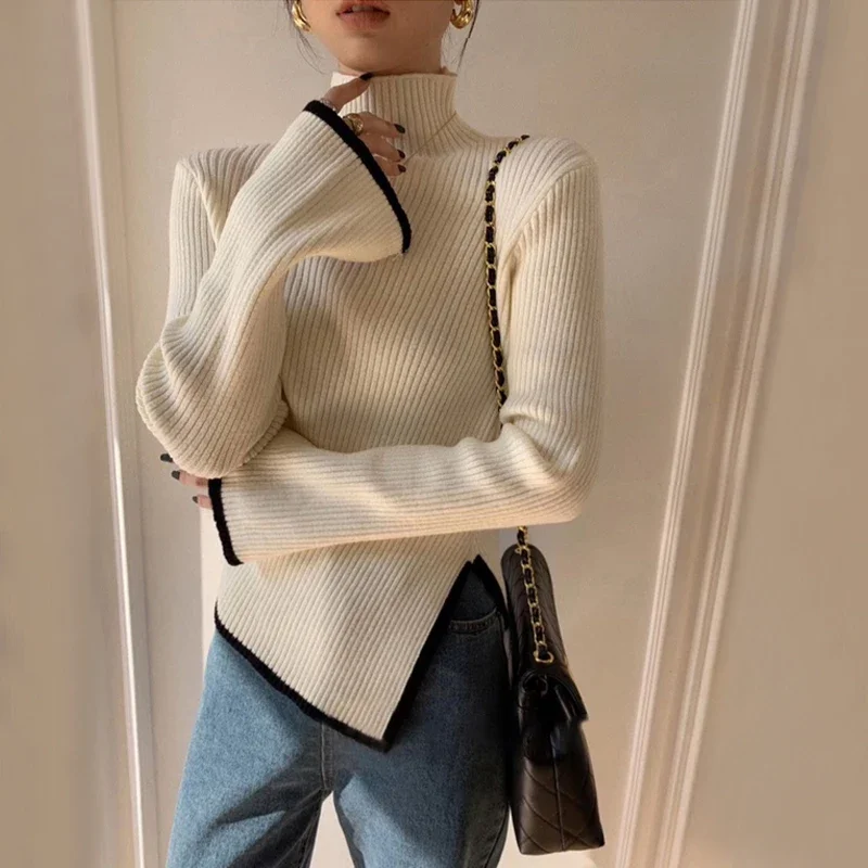 Водолазка трикотаж пуловеры женская осенне-зимняя одежда разделенная туника