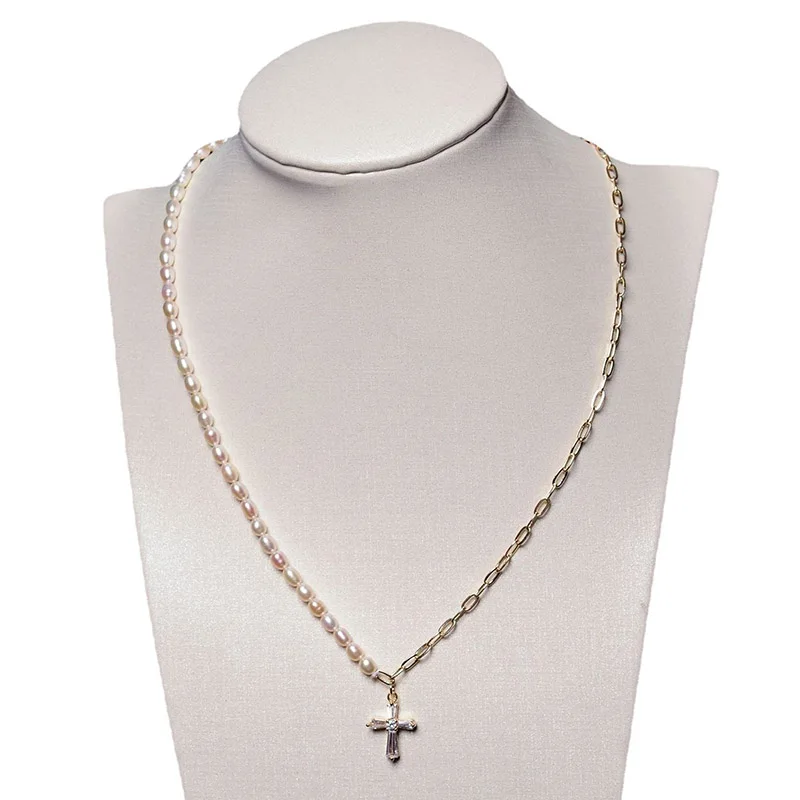 

Vintage 14K Gold Splicing Cross Necklace Natural Freshwater 3-4mm Pearl Necklace Chain Necklaces for Women Jewelry Beads Gift