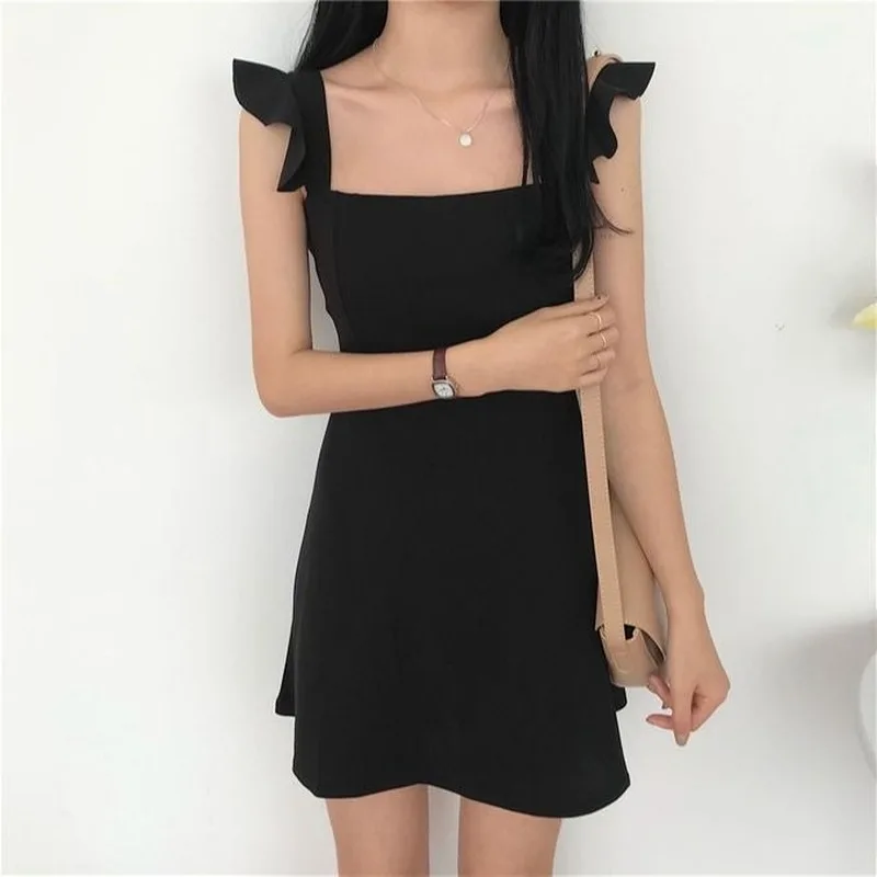 

Sleeveless Dress Women Backless Ruffles Solid High Waist Skinny Slim Sexy Fashion Korean Style A-line Chic New Designed Trendy