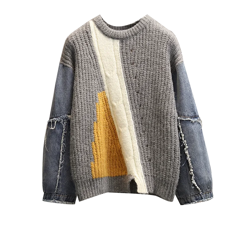 

COZOK Korean Style Loose Fashion Lazy Wind Knit Sweater Women's Autumn and Winter New Denim Stitching Embroidery Jacket