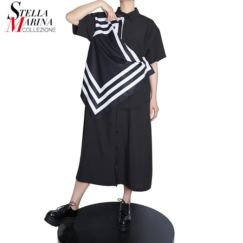 

Short Sleeve Straight Mid Calf Length Woman New Summer Casual Shirt Dress Geometrical Printed Patch Unique Style Robe MJM609-16