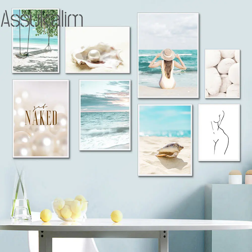 

Summer Wall Poster White Pearl Art Prints Sandbeach Wall Pictures Seaside Canvas Painting Nordic Wall Art Living Room Decoration