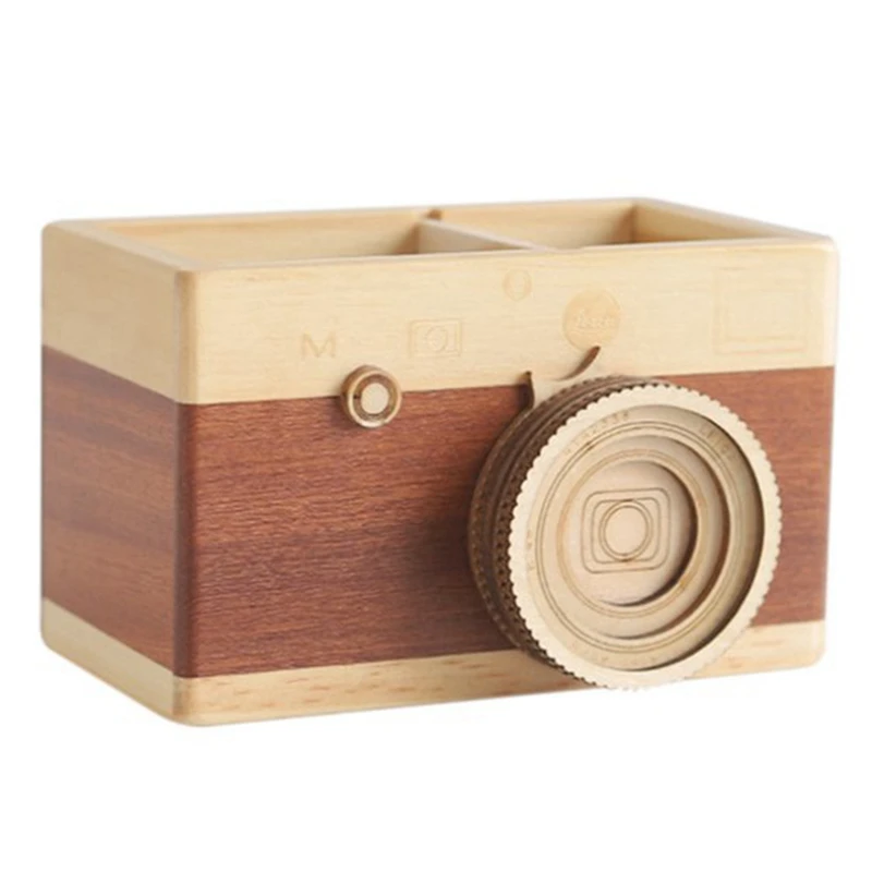 

Desktop Pencil Holder, Remote Control Storage Stand, Creative Retro Wooden Camera-Shaped Pen Holder