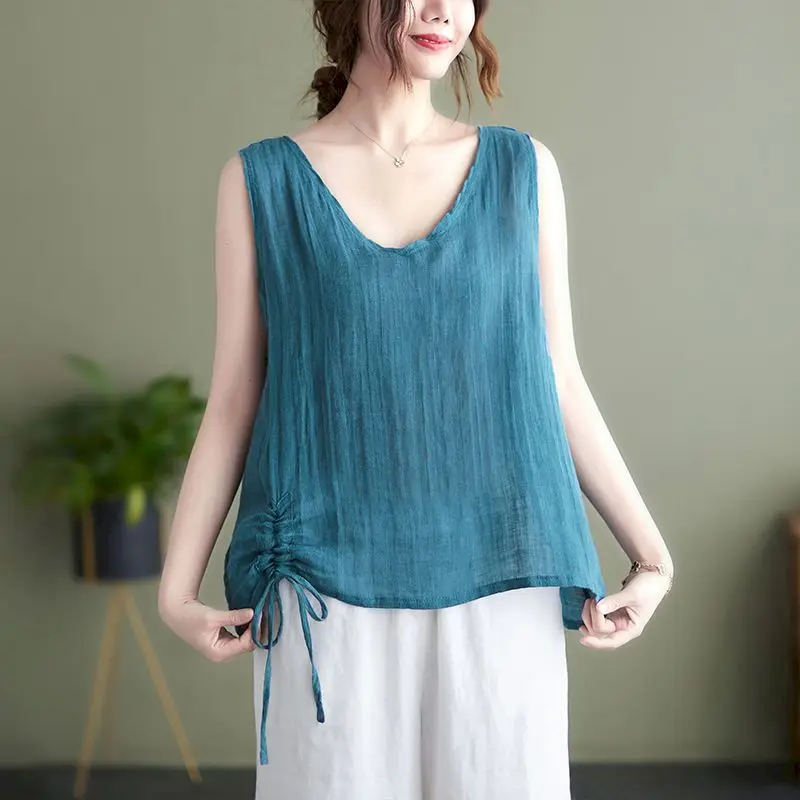 Хлопковые льняные жилеты женские летние корейские стильные повседневные