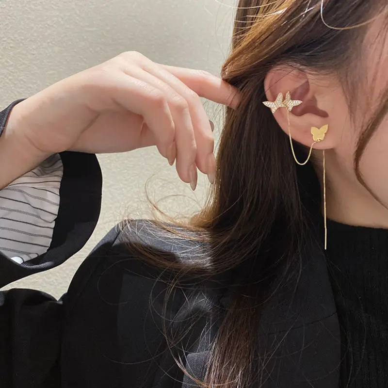 

New Korean Butterfly Earrings for Women Trendy Ear Clip Female Elegant Zircon Clip Earrings Ear Cuff Jewelry Long Tassel Earring