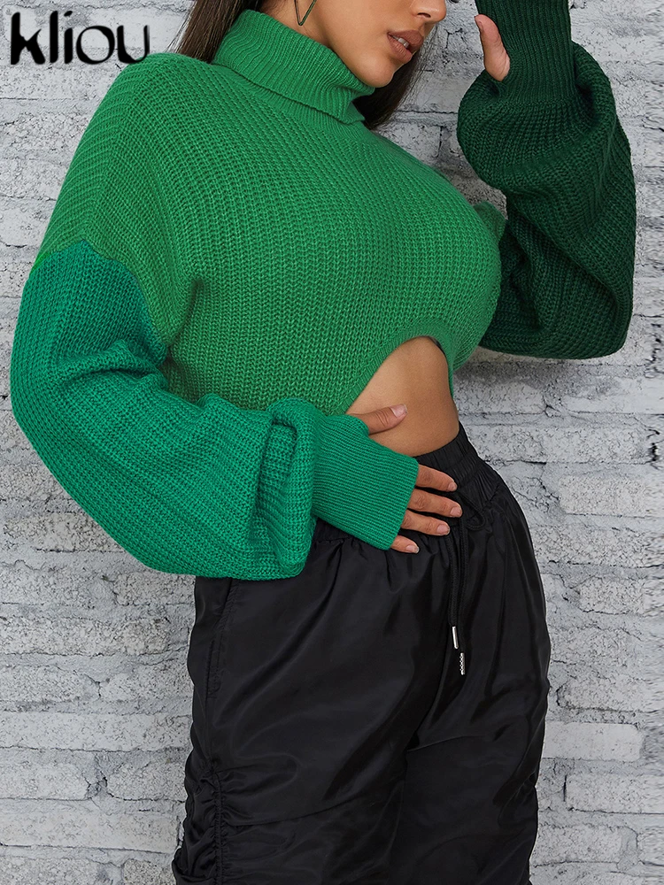 ond dzianinowy patchworkowy sweter damski Hipster z golfem luźny nieregularny kształt dopasowany kolorystycznie krótkie bluzki Lady Casual odzież