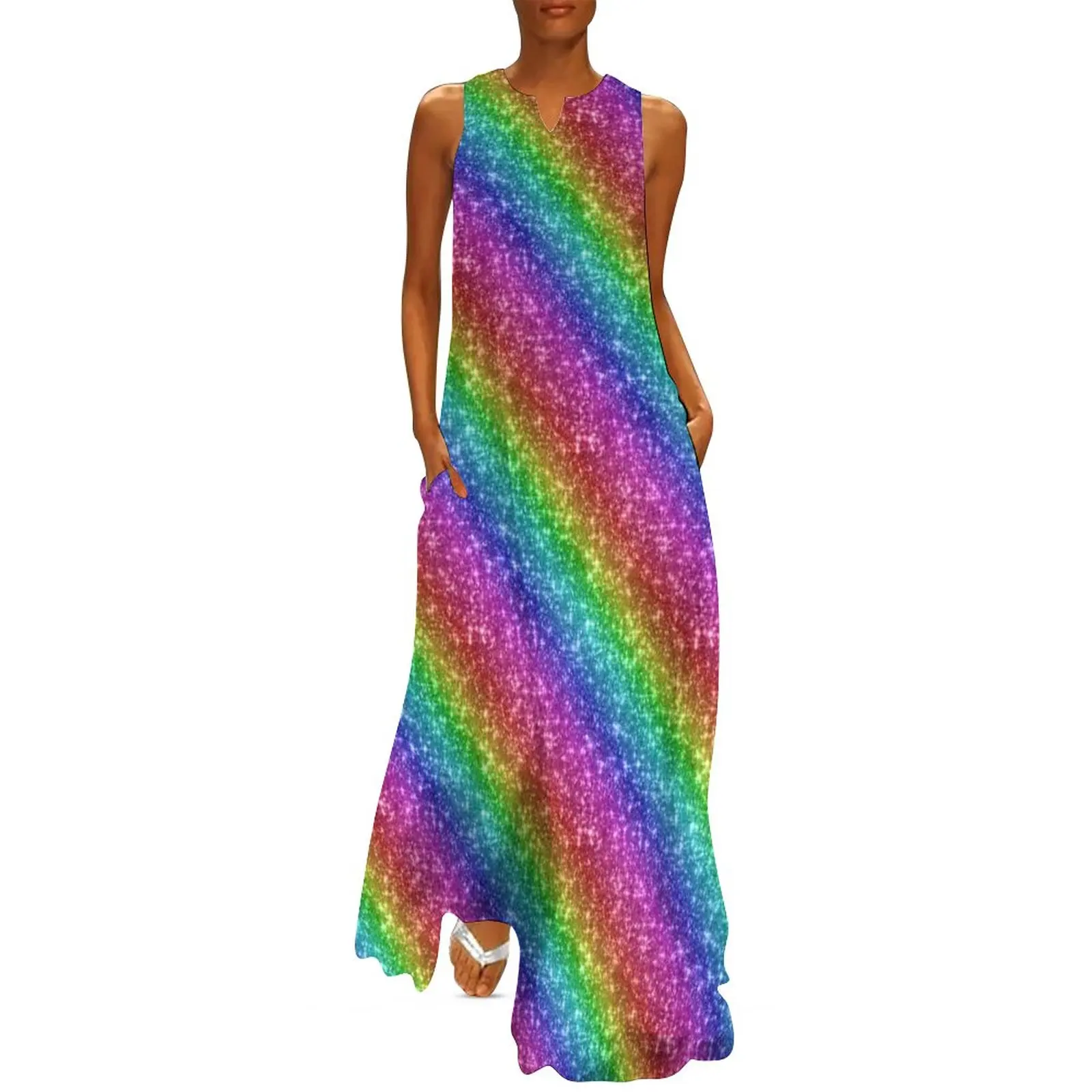 Sparkly Rainbow Dress Summer Stripes Glitter Print Street Fashion Bohemia Long Dresses Women Pattern Trendy Maxi Dress Big Size