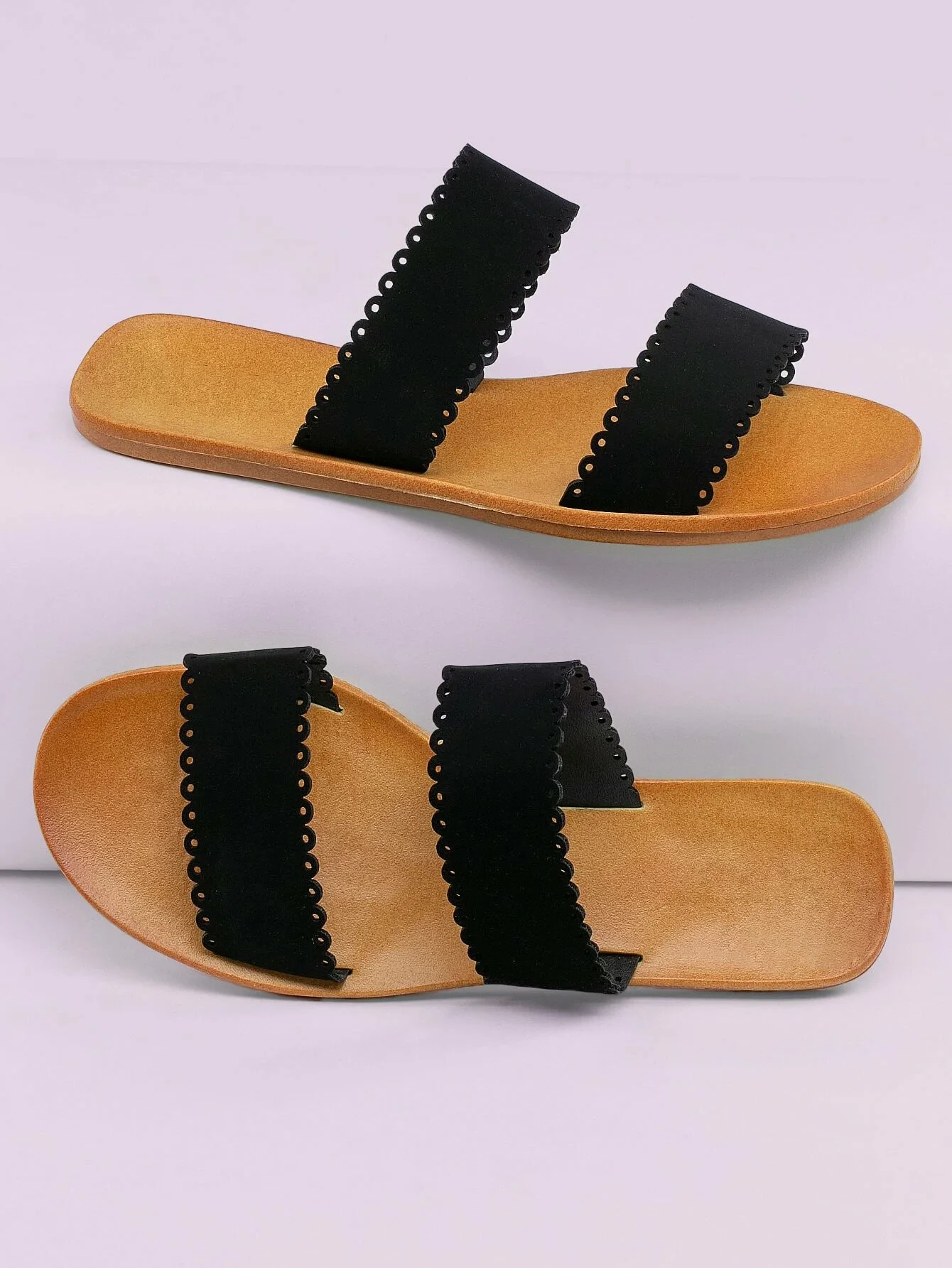 

Scalloped Edge Double Band Flat Slide Sandals