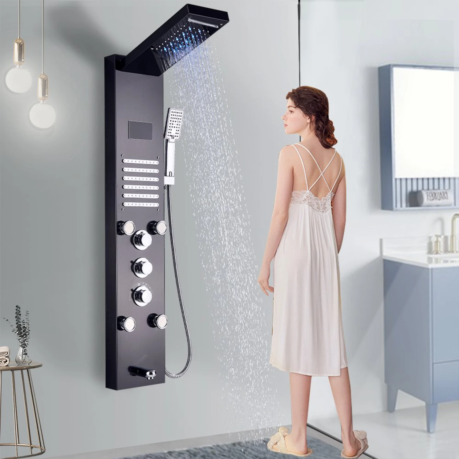 

Black LED Shower Panel Column With Rainfall Waterfall Massage Jets