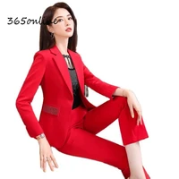 novelty red professional formal women business suits long sleeve autumn winter uniform designs pantsuits female blazers set