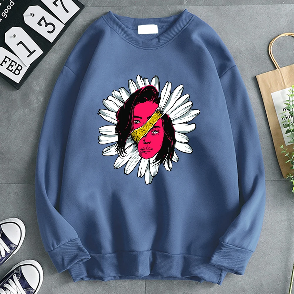 

Colorful Girl Face Divided On A Daisy Mens Sweater For Male Fashion Autumn Comfortable Hoody Casual Fleece Clothing Man
