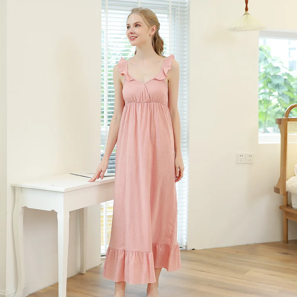 

Spaghetti Strap Women's Nightgown Ruffles Long Nightdress Summer Casual Loose Sleepshirts S-XL Princess Home Dressing Clothing