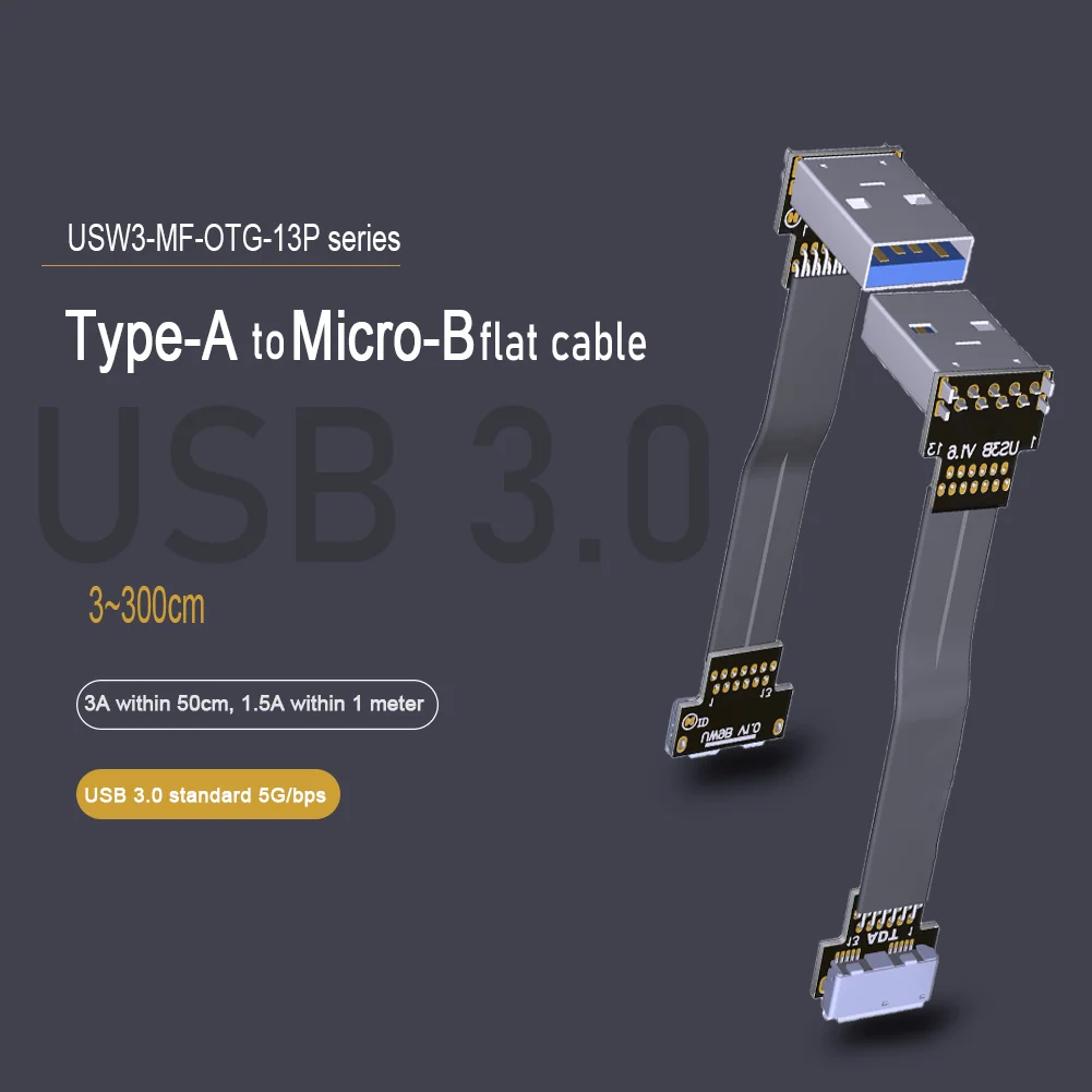 

USB 3.0 A Male To Micro B Female Cable USB-A Micro-B OTG Flat FPV Power Video Data Ribbon Cable OTG Fold 90 Up Down Angled Cord