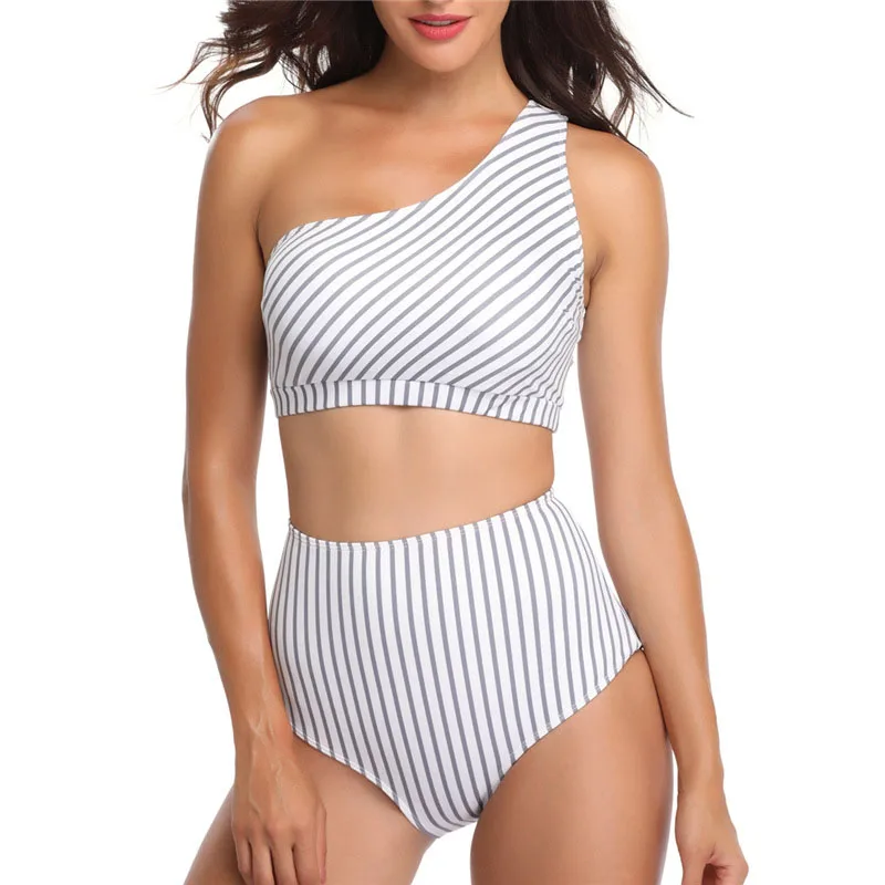 

One Shoulder Bikini Sets Swimsuit For Women Sexy Stripe Two-Pieces Separate Swimwear 2022 Female Summer Beach Bathing Suit