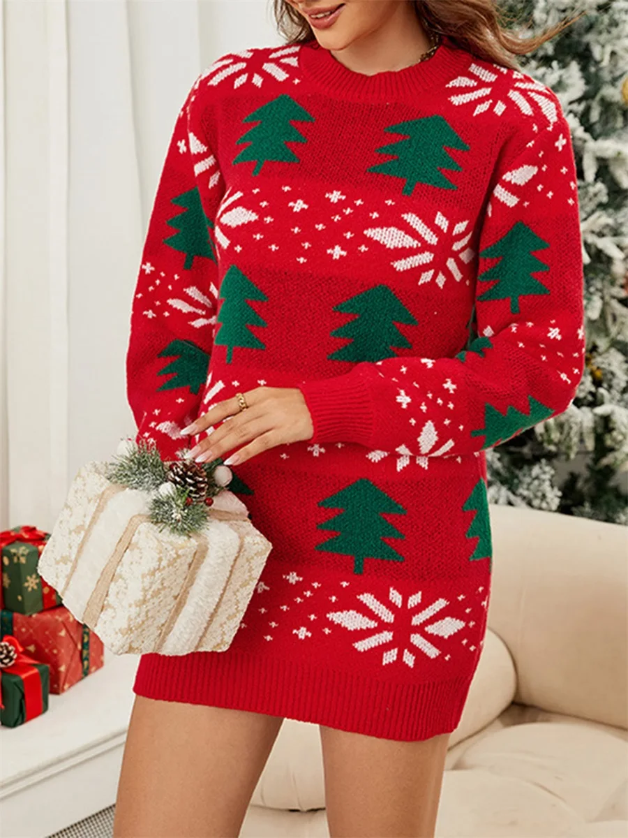 Женское платье-свитер с длинным рукавом и круглым вырезом рождественское платье