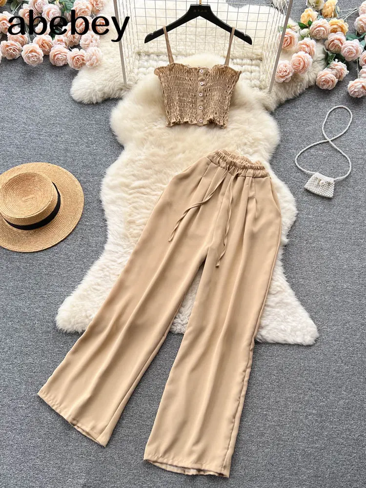 

Sexy Casual Knitted Two Pieces Sets Sleeveless Camis Top+Wide Legs Drawstrins Long Pants Korean Beach TrackSuits