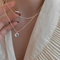bling blue 925 sterling silver layer chain necklace love heart pendant necklace for women female clavicle chain
