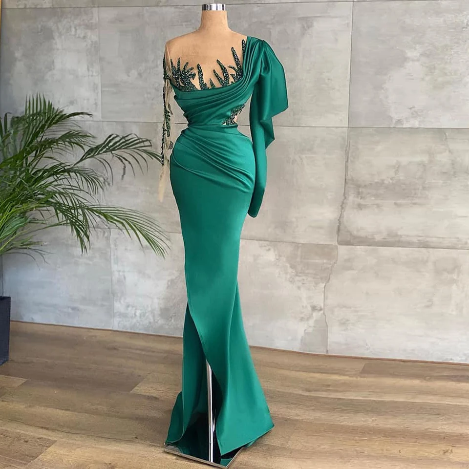 

green prom dresses 2022 sheer crew neckline long sleeve pearls beading sequins mermaid side slit long evening dresses