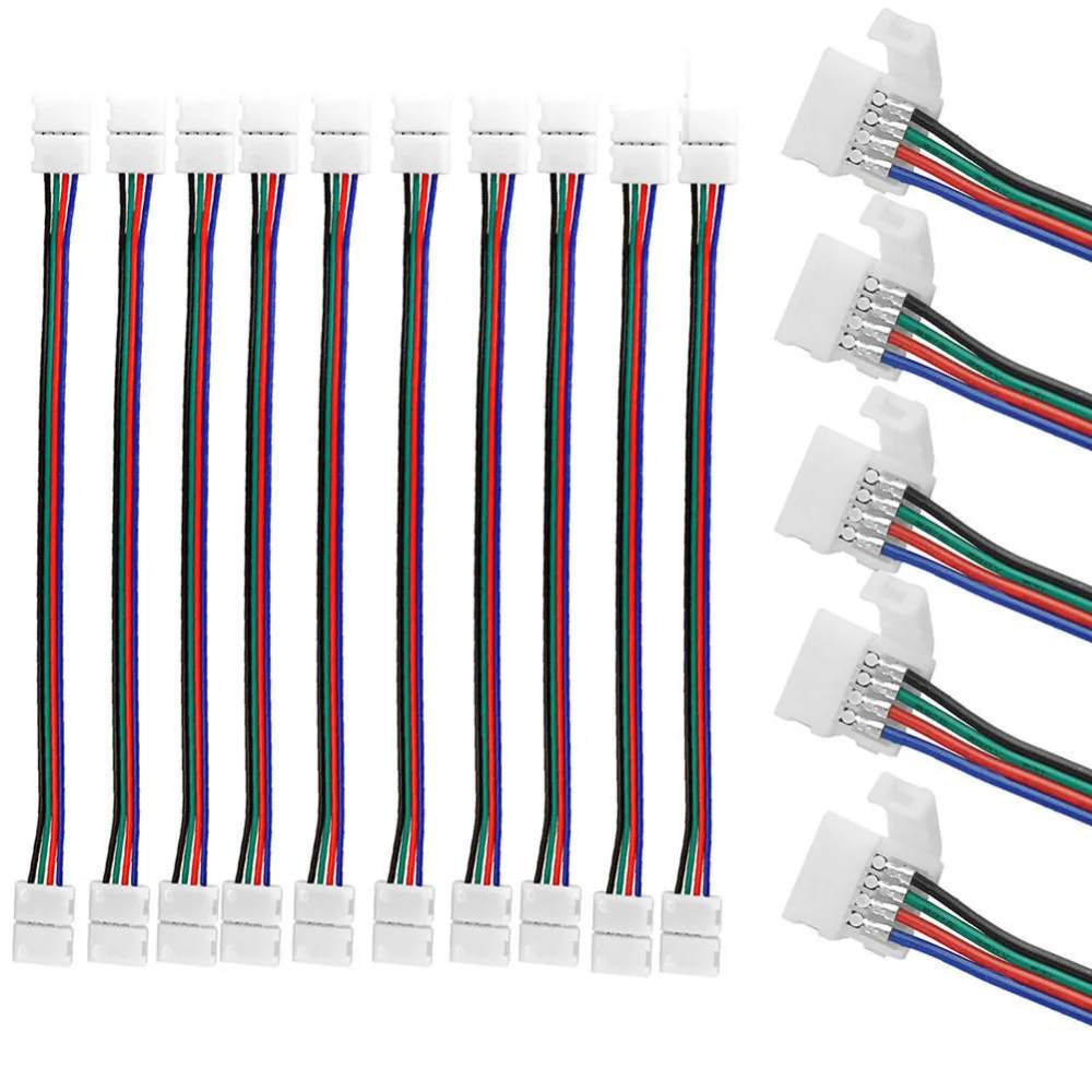 

10mm 4 Pin LED RGB Strip Connector For SMD 5050 RGB LED Strip Light Solderless PCB Board with Two Female Connector Connect Cable